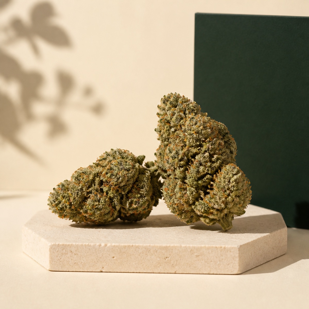 CBD-Blüten auf hellem Stein in der Blazejoy-Farbwelt