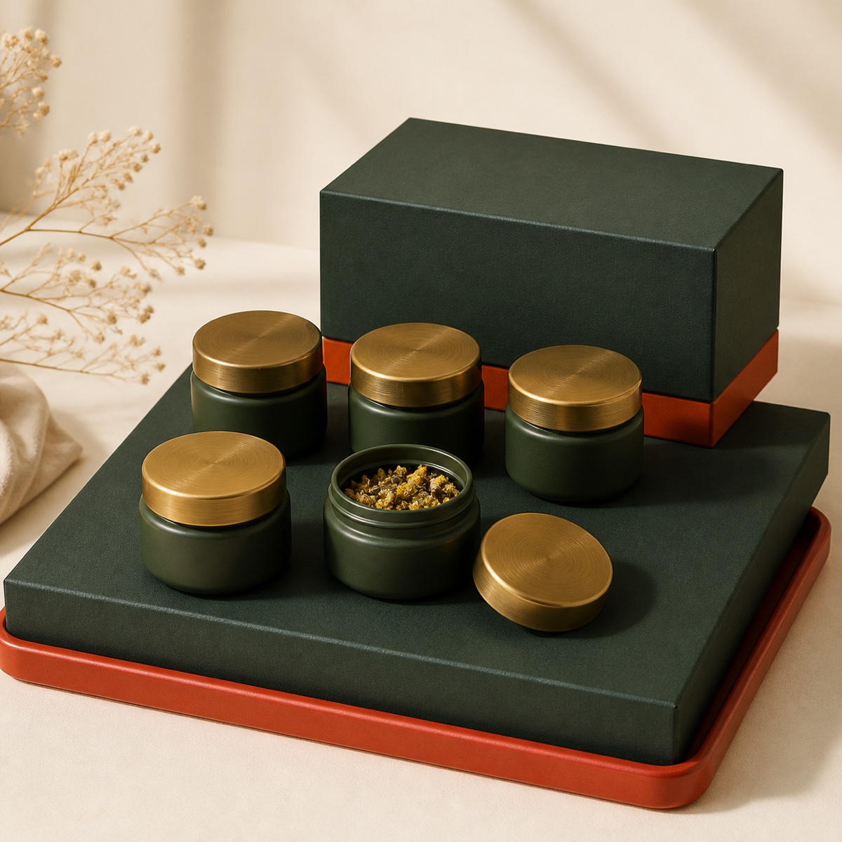 Fünf dunkelgrüne Behälter und Geschenkbox als Produkt-Bundle