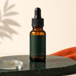 Braune 10-ml-Tropfflasche auf dunkelgrünem Stein